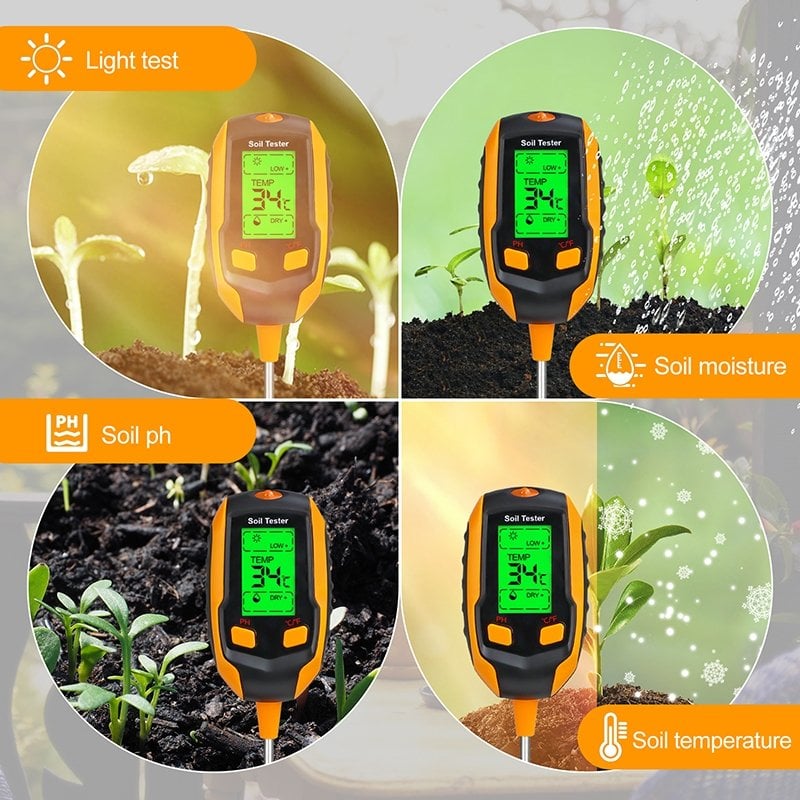 Digital 4-in-1 Soil Test Meter, large LCD screen, probe accurately quick measure, battery power supply