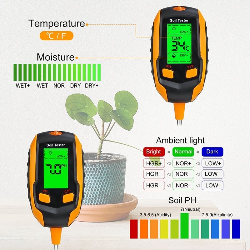 Digital 4-in-1 Soil Test Meter, large LCD screen, probe accurately quick measure, battery power supply